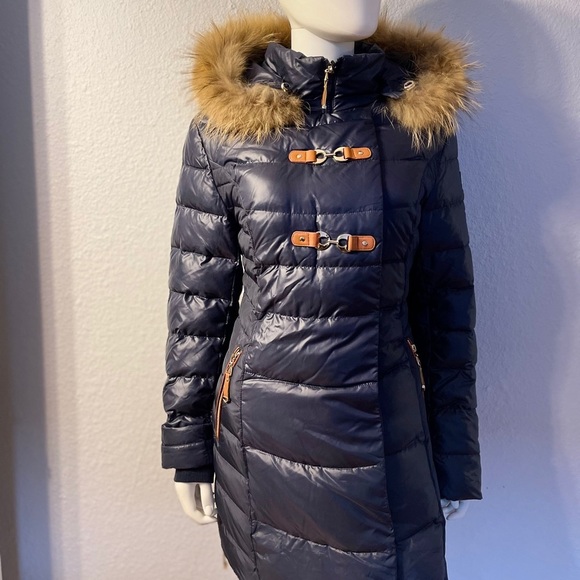NWT WOMEN WINTER DOWN PUFFER REAL RACCOON FUR TRIM HOOD NAVY‎ PARKA COAT JACKET - Picture 9 of 11